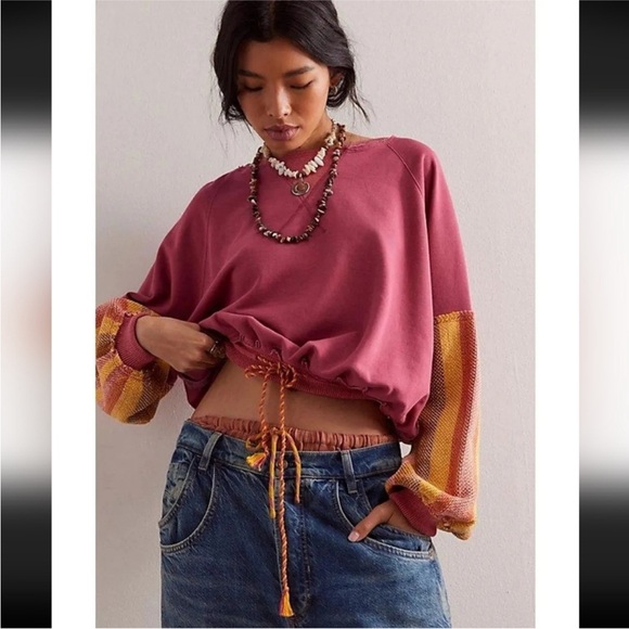 NWT XL Free People We the Free Stripe Cuff Pullover Sweatshirt in Sunrise Combo - Picture 2 of 8